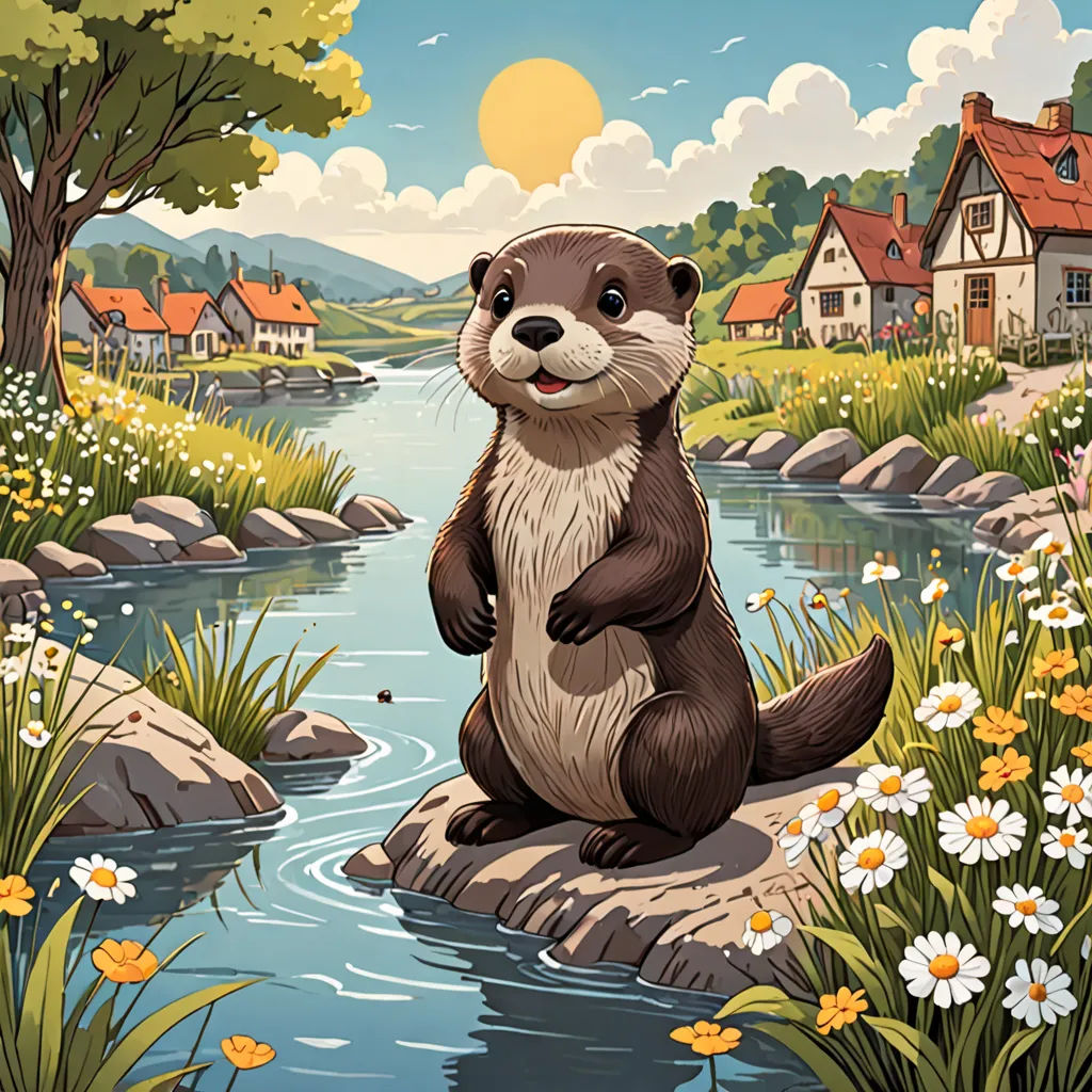 a painting of a beaver sitting on a rock by a river with flowers and houses in the background and a sun in the sky, american scene painting, a storybook illustration, Chris LaBrooy, official art