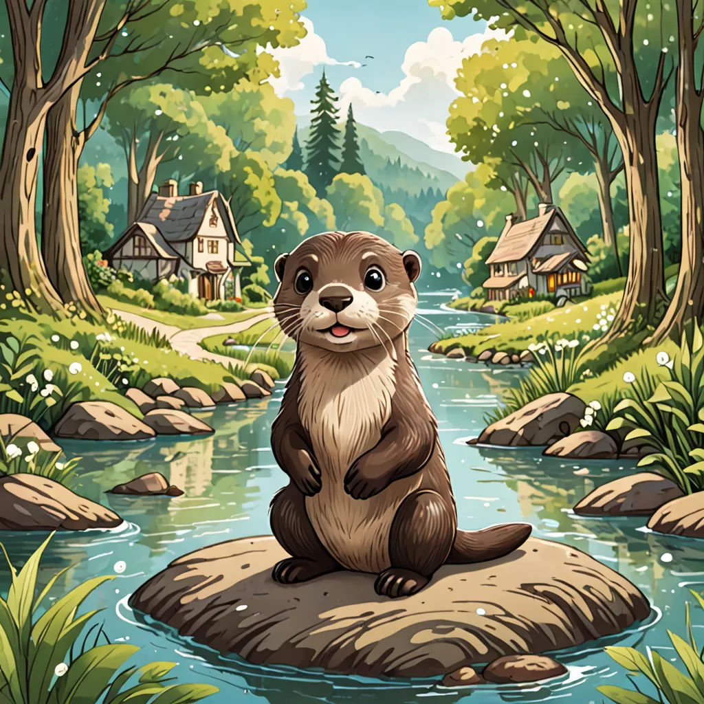 a cartoon beaver sitting on a rock in a river with a house in the background and a forest with trees, sots art, a storybook illustration, Chris LaBrooy, storybook illustration
