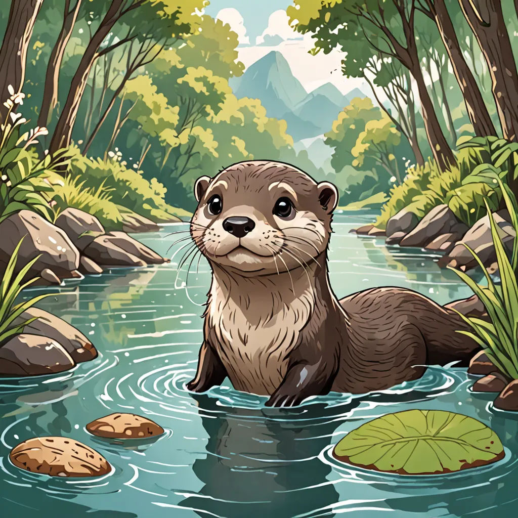 a river otter in a river surrounded by trees and rocks with a lily pad on the water's edge, sots art, a storybook illustration, Dan Mumford, game art