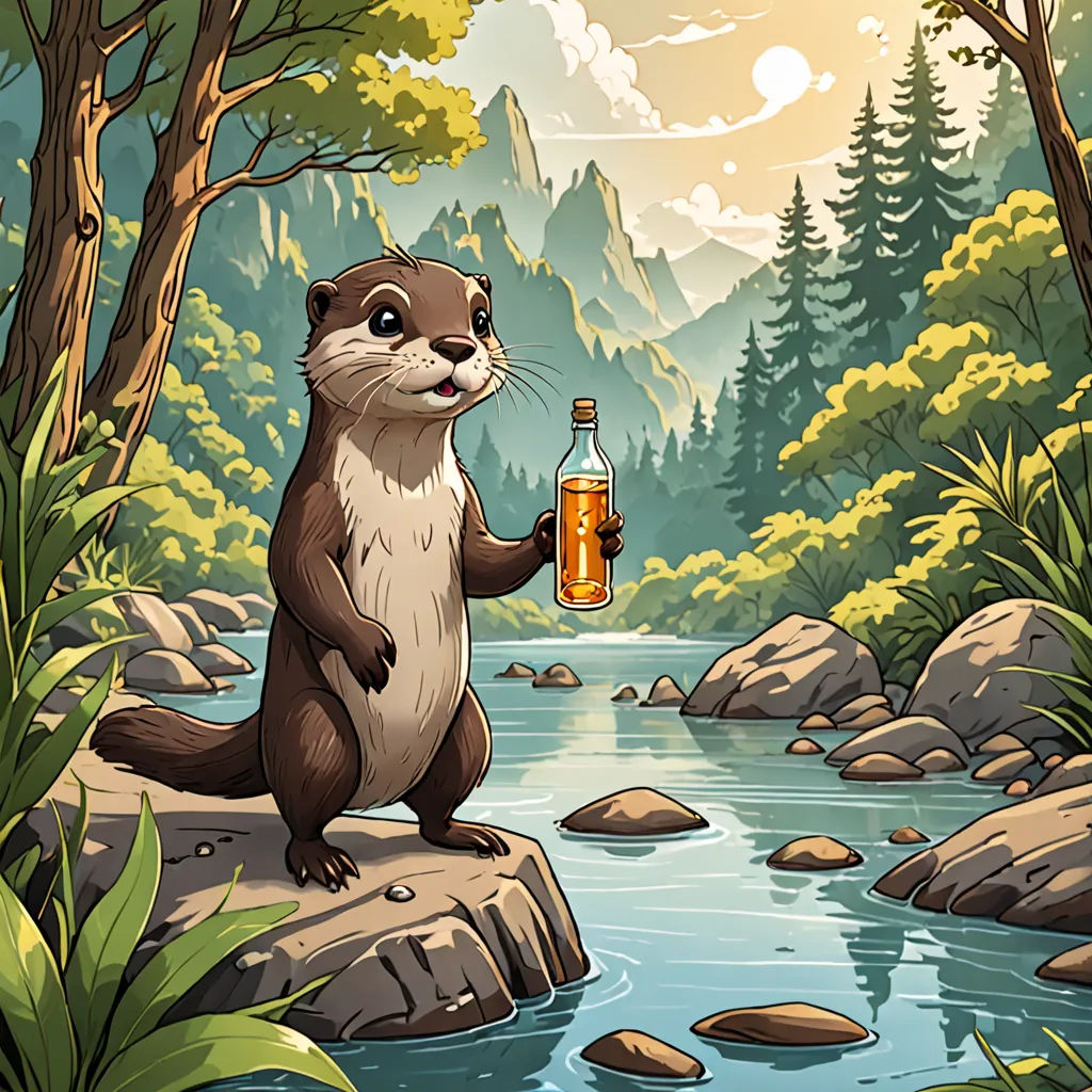 a beaver holding a beer bottle in a forest by a river with rocks and trees on the shore of a river, sots art, a storybook illustration, Dan Mumford, game art