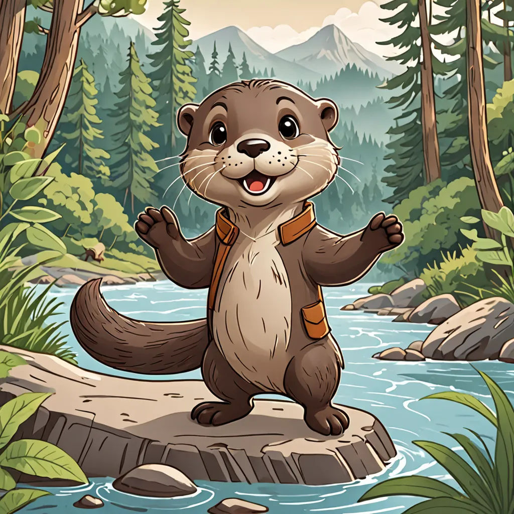a cartoon beaver standing on a rock in a forest with a river running through it and trees around it, sots art, a character portrait, Dan Mumford, full body portrait