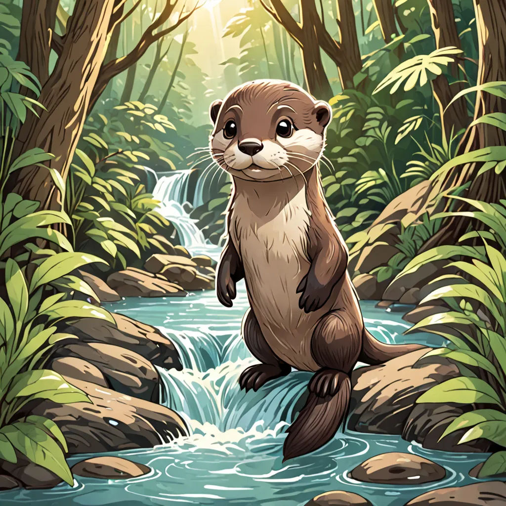 a river otter standing on its hind legs in a forest with a stream running through it and a sun shining through the trees, sots art, a character portrait, Dan Mumford, official art