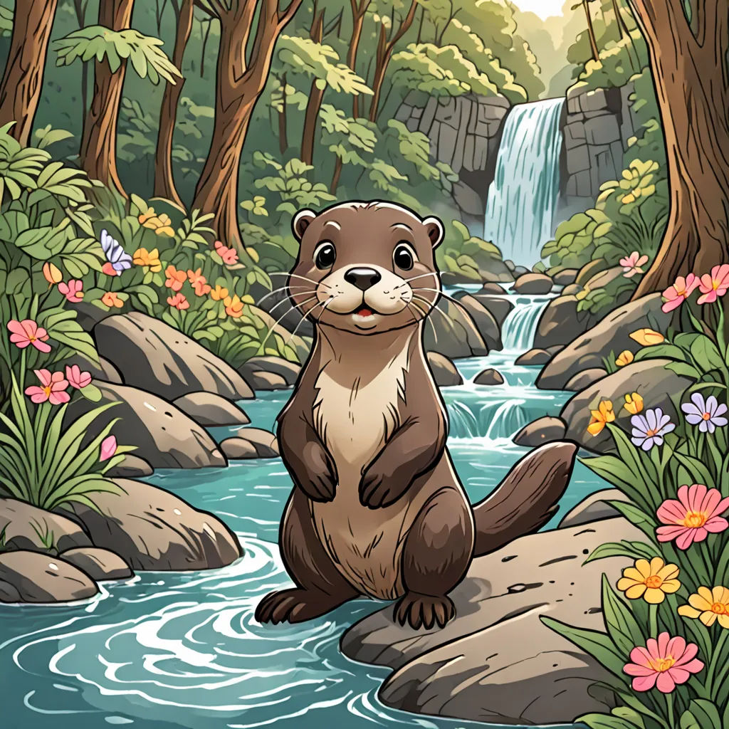 a cartoon beaver sitting on a rock in a forest with a waterfall in the background and flowers around it, sots art, a storybook illustration, Dan Mumford, official art
