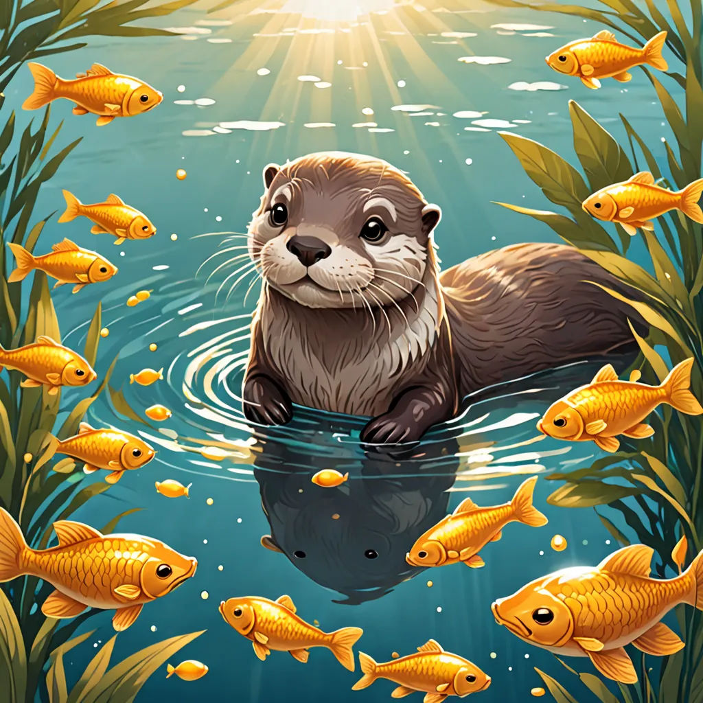 a sea otter swimming in a pond surrounded by fish and plants with the sun shining down on it's face, sots art, a storybook illustration, Chris LaBrooy, game art