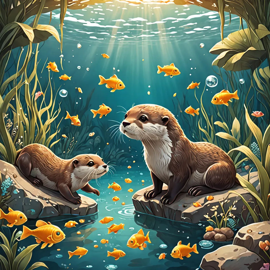 a painting of two otters in a underwater scene with goldfish and bubbles in the water and sunlight shining through the water, fantasy art, a storybook illustration, Dan Mumford, highly detailed digital painting