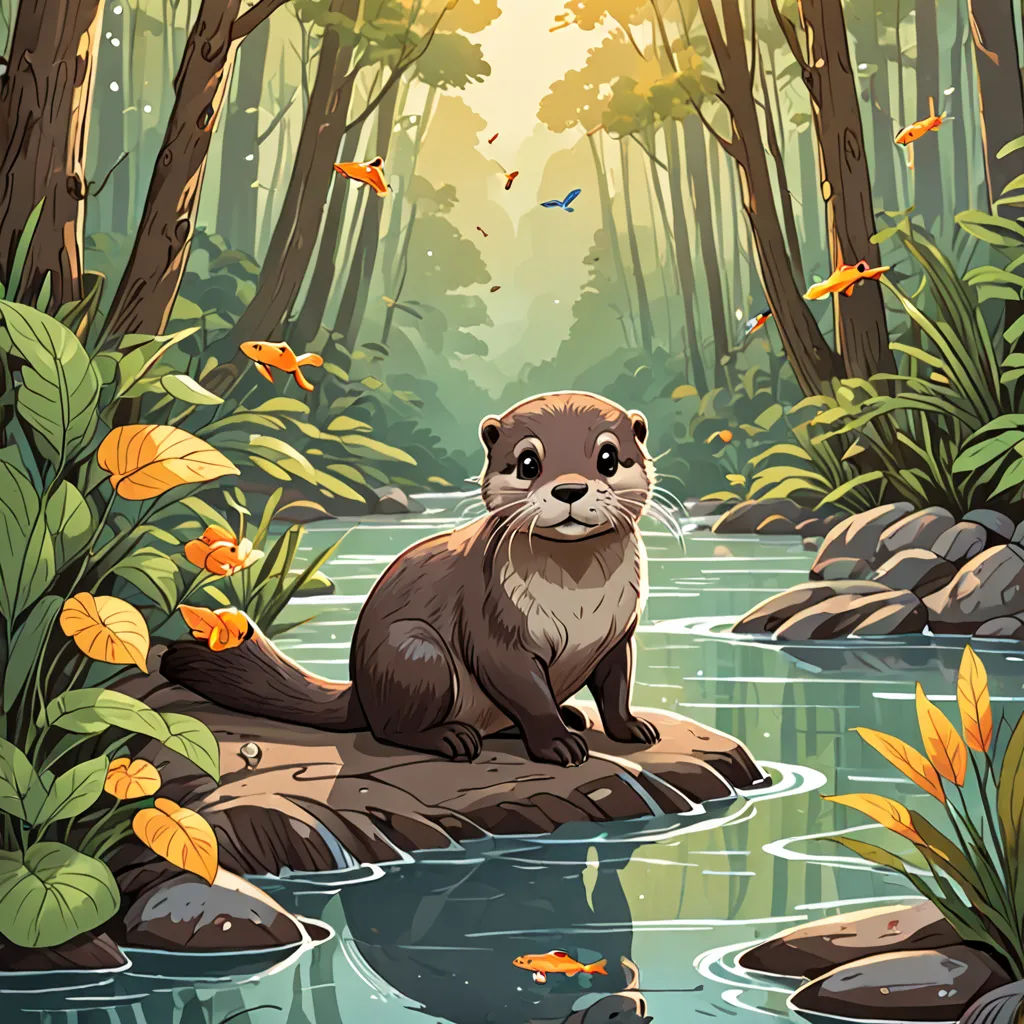 a beaver sitting on a rock in a forest with a stream running through it and butterflies flying around it, sots art, a storybook illustration, Dan Mumford, official art