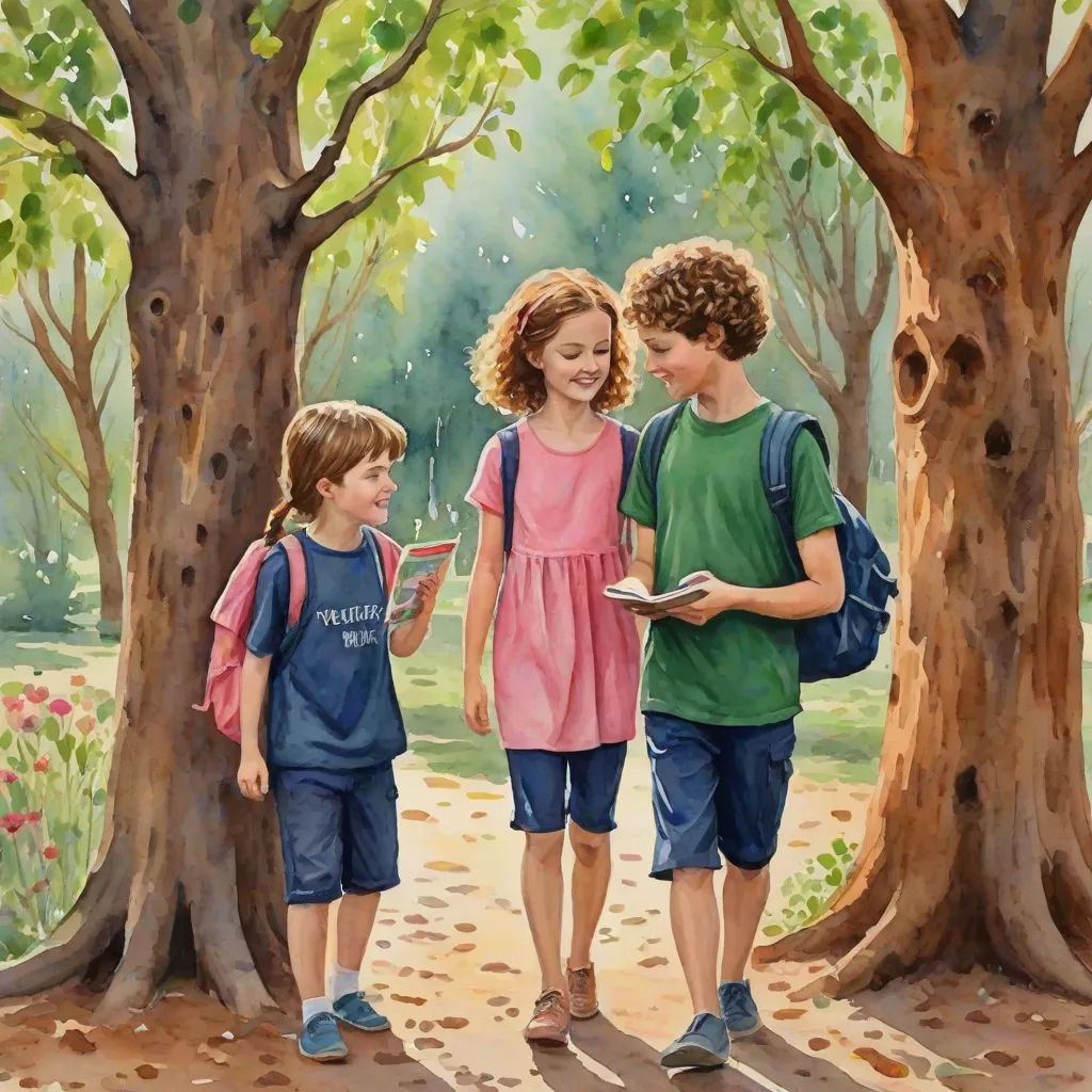 a painting of three children standing in a forest looking at a book in a book case, with trees in the background, american scene painting, a storybook illustration, Bob Byerley, storybook illustration