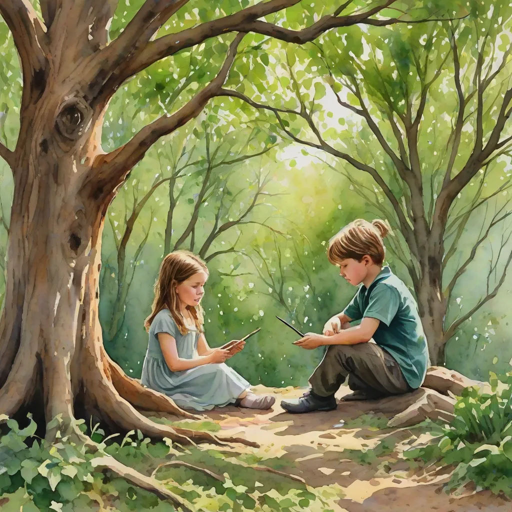 a painting of two children sitting in the woods with a cell phone in their hands and a tree in the background, figurative art, a storybook illustration, Cynthia Sheppard, storybook illustration