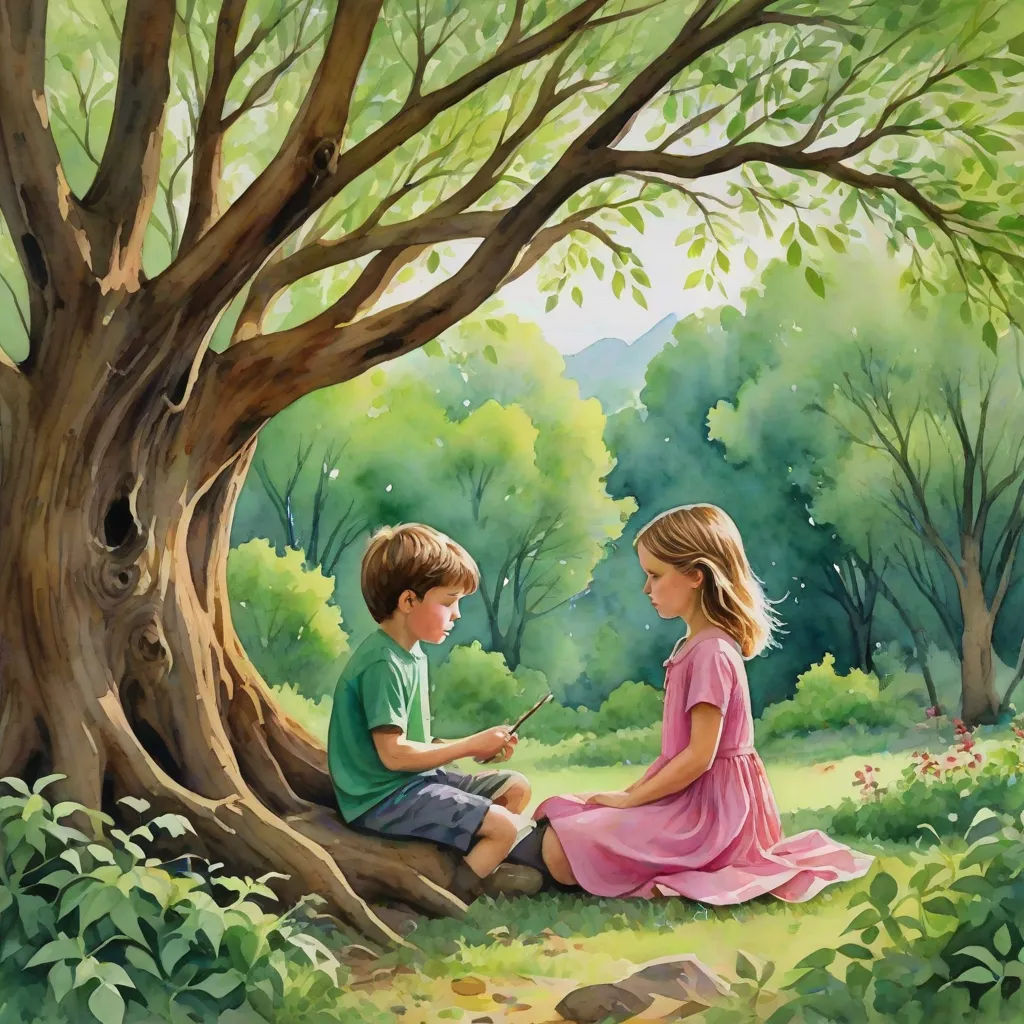 a painting of two children sitting on a tree branch in a park, one of them is holding a phone, american scene painting, a storybook illustration, Brothers Hildebrandt, storybook illustration