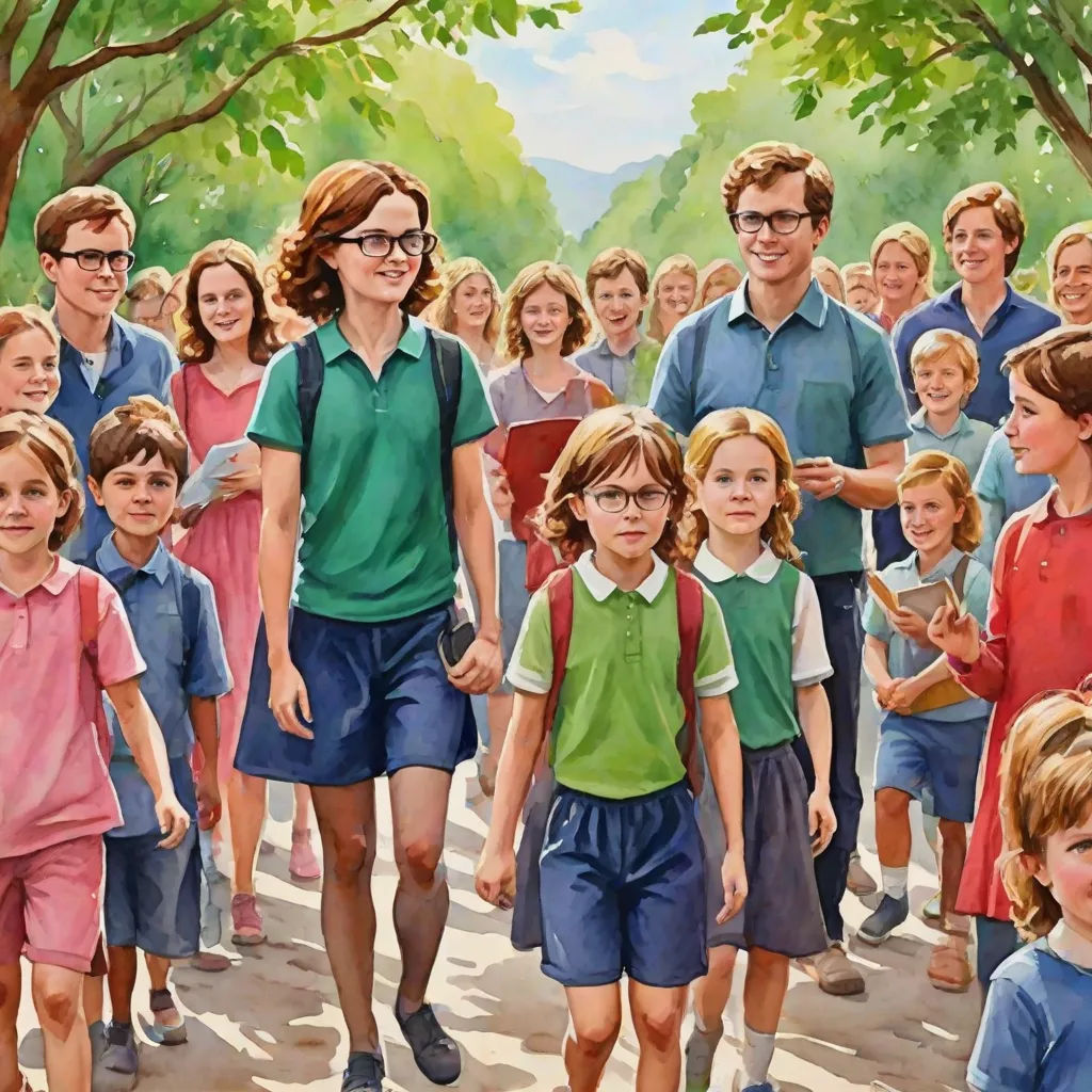 a painting of a group of children walking down a street with a man in the background and a woman in the foreground, excessivism, a detailed painting, F. Scott Hess, official art