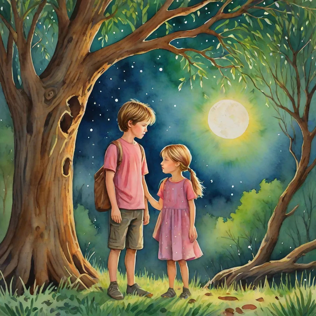 a painting of two children standing in front of a tree with the moon in the background and stars in the sky, figurative art, a storybook illustration, Aaron Jasinski, storybook illustration