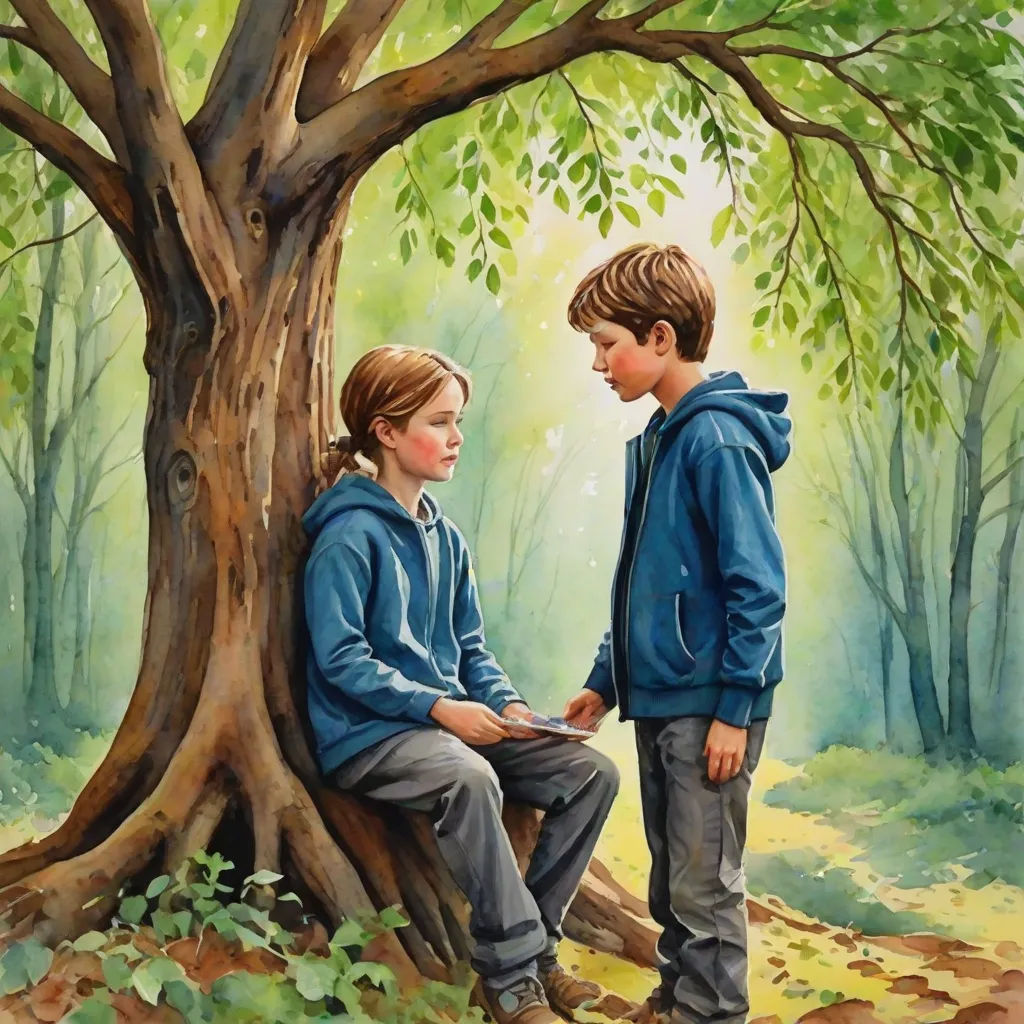 a painting of two children sitting on a tree trunk in the woods, one of them is looking at the other, figurative art, a storybook illustration, Aaron Jasinski, book cover