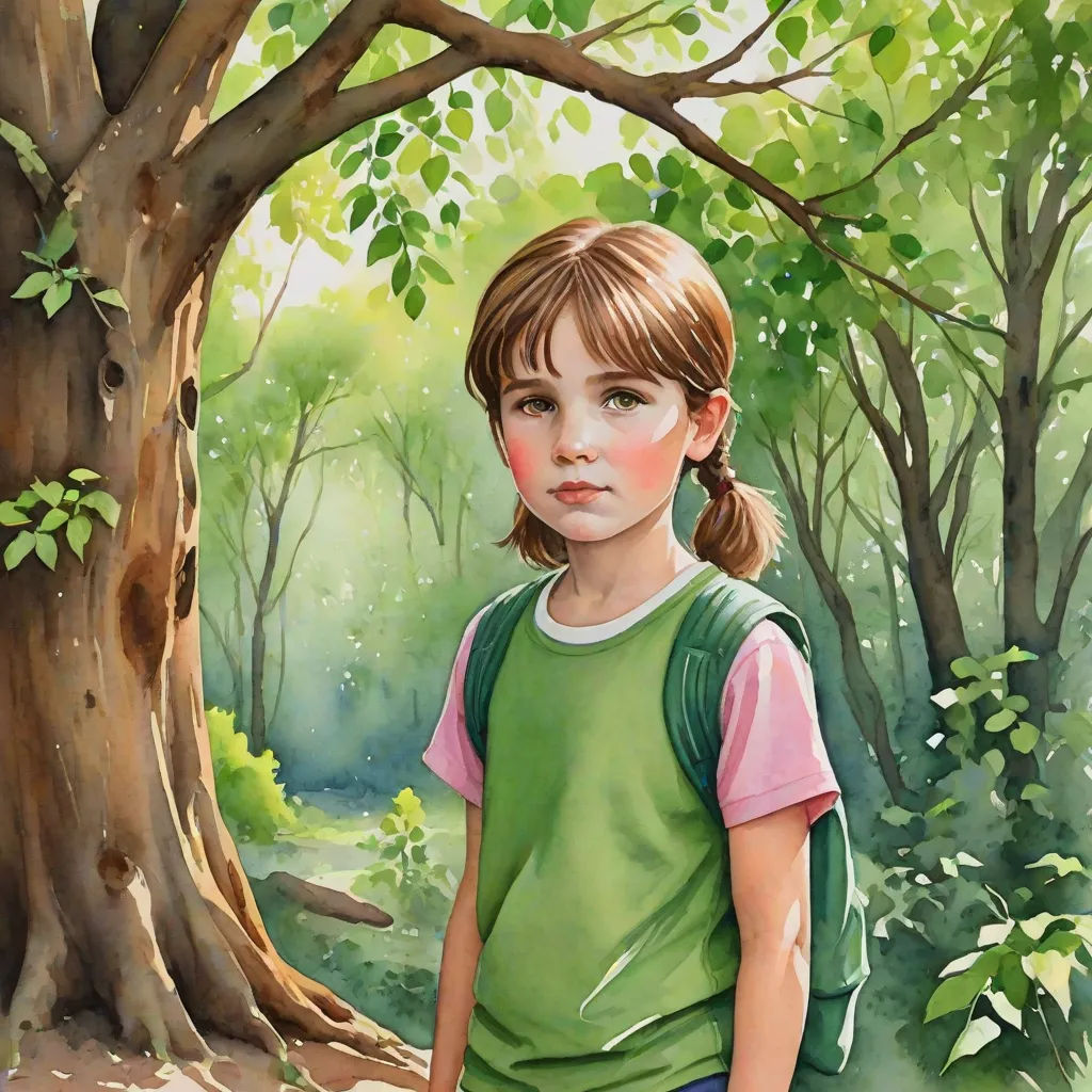 a painting of a girl standing in front of a tree in a forest with a green shirt on and a pink and white shirt on, figurative art, a watercolor painting, Clarice Beckett, in gouache detailed paintings