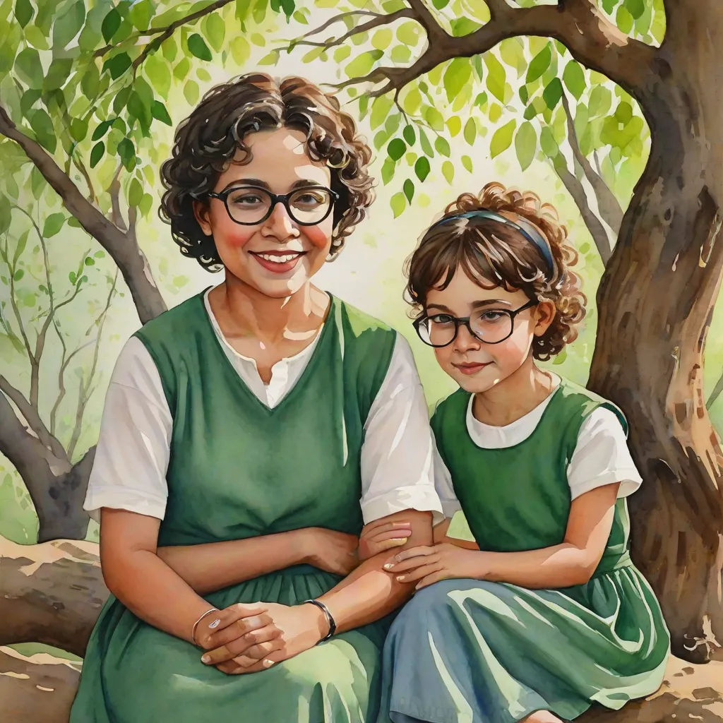 a painting of a woman and a child sitting on a tree branch in a forest with green leaves on the branches, american scene painting, an ultrafine detailed painting, F Scott Hess, official art