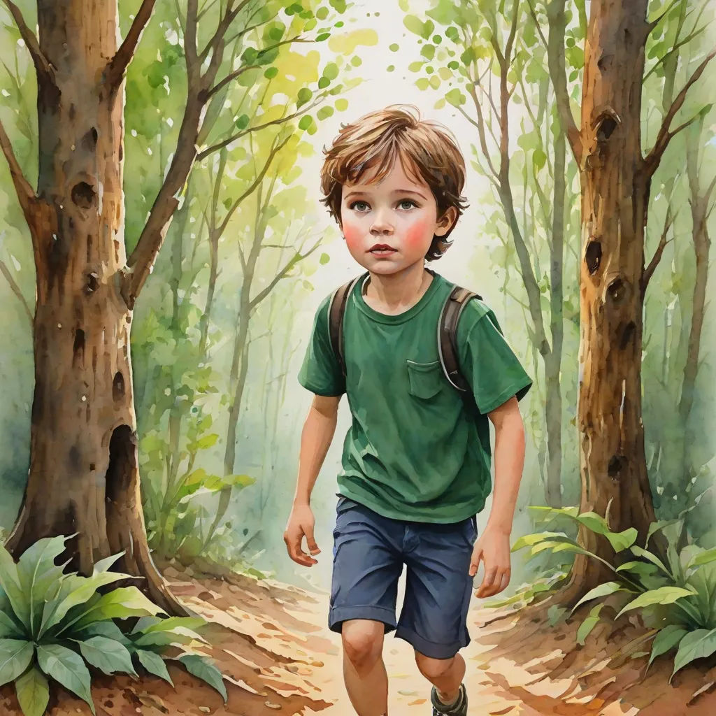 a painting of a boy running through a forest with trees and leaves on the ground and a trail leading to the woods, photorealism, a photorealistic painting, Aaron Jasinski, in gouache detailed paintings