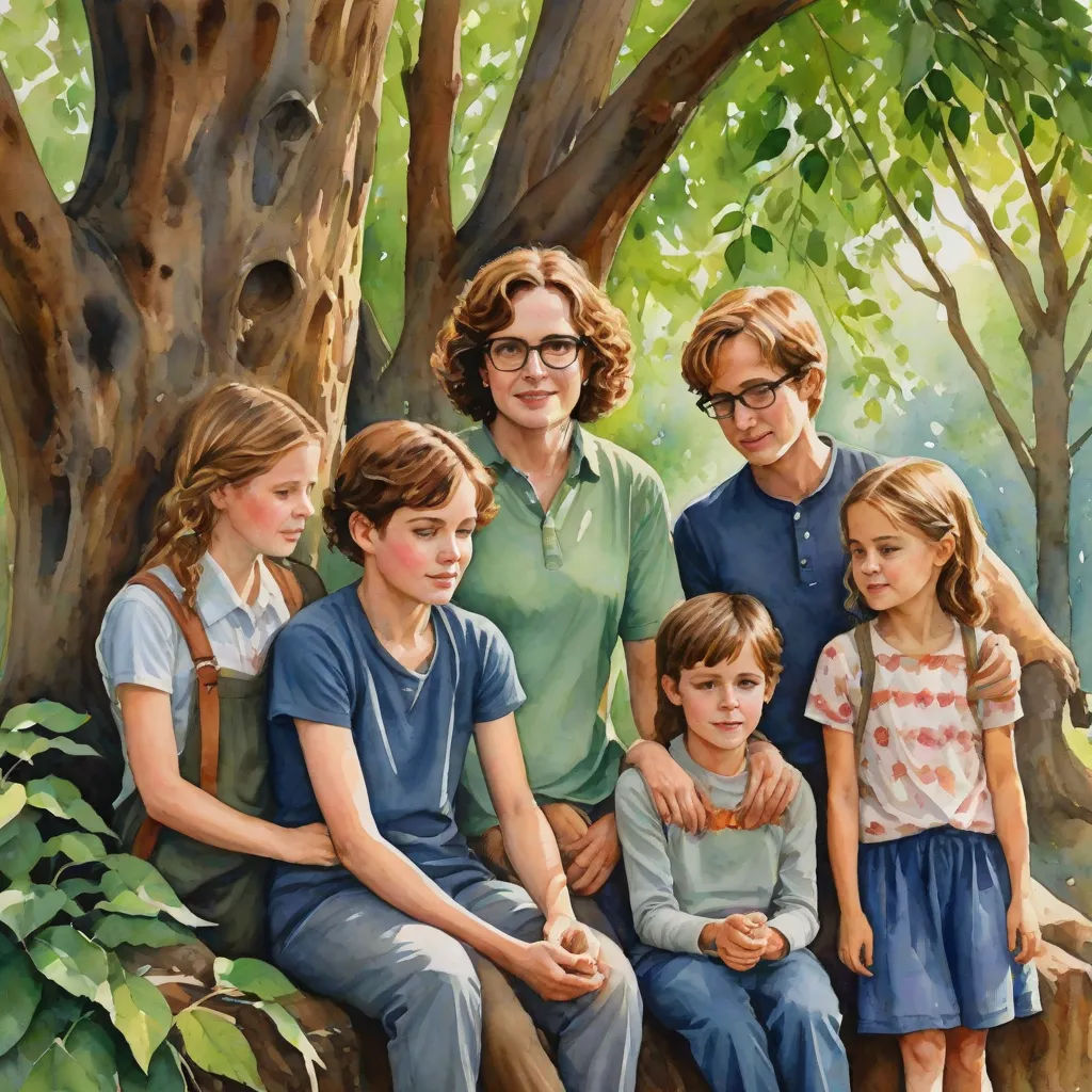 a painting of a family sitting on a tree trunk in the woods with their children looking at the camera, fantastic realism, a detailed painting, F Scott Hess, official art
