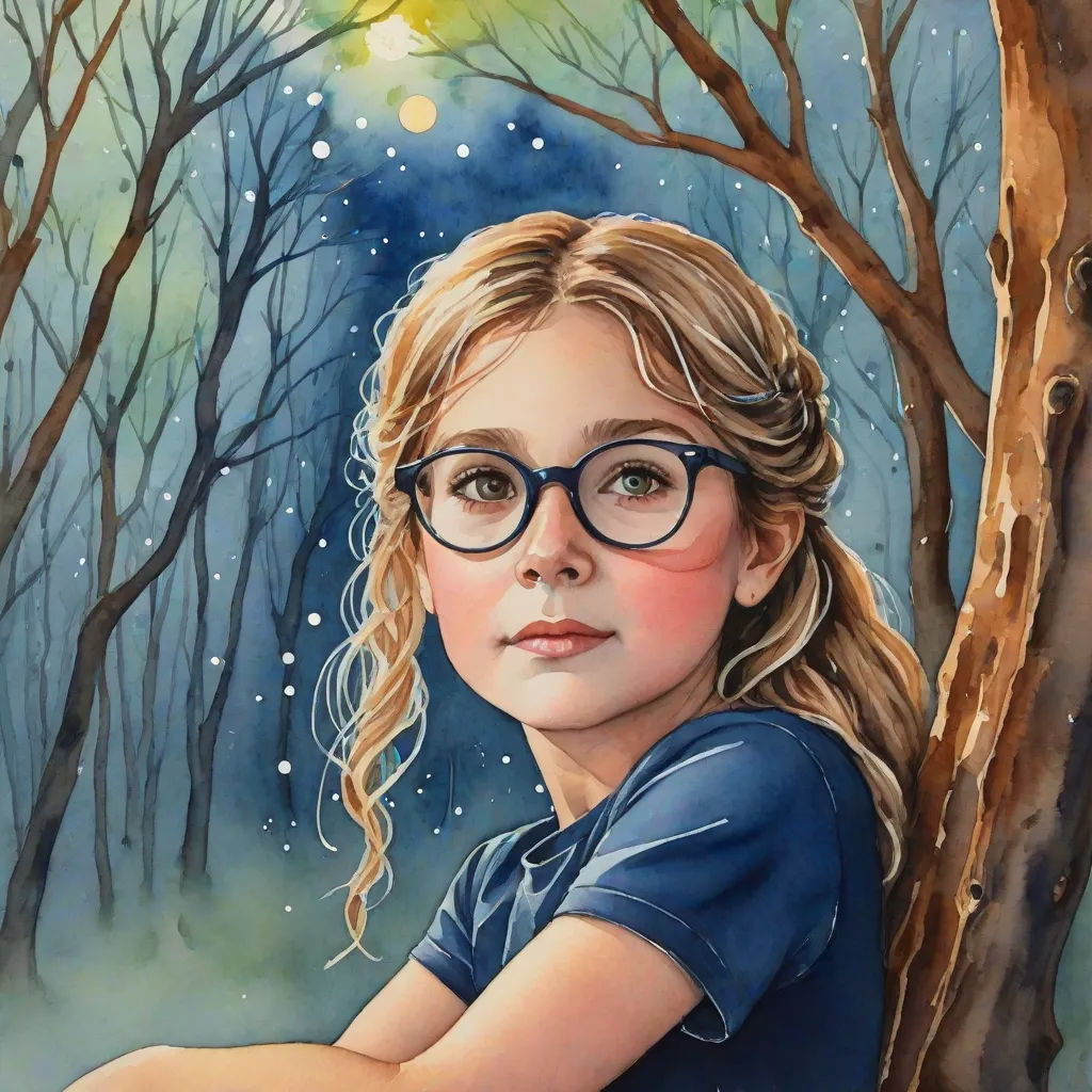 a painting of a girl with glasses leaning against a tree in the snow with a bright light shining on her, magical realism, a detailed painting, Elinor Proby Adams, book cover