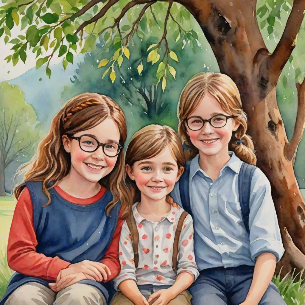 a painting of three children sitting on a bench under a tree with their arms around each other and smiling, serial art, a detailed painting, Caroline Lucy Scott, extremely detailed oil painting