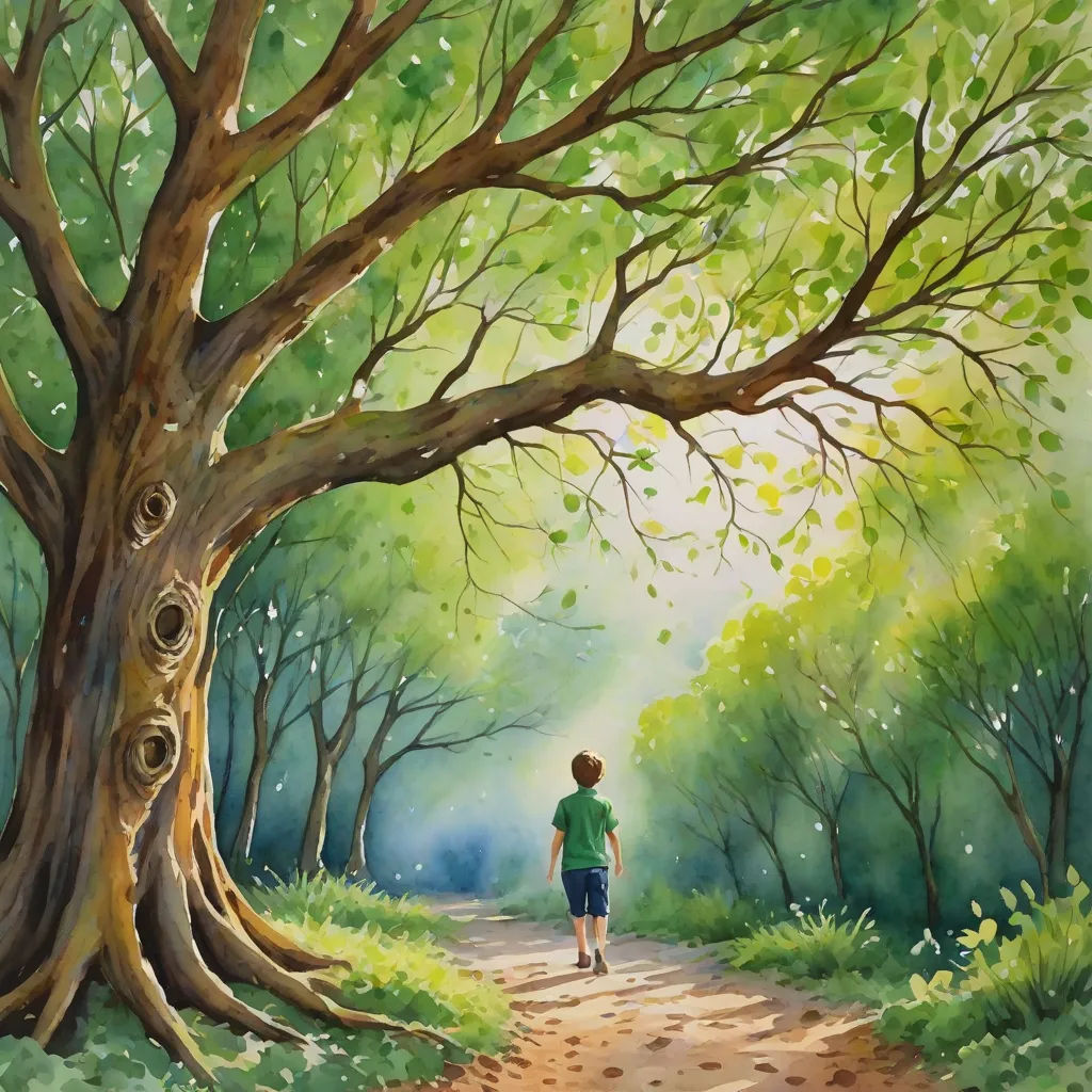 a painting of a boy walking down a dirt road in the woods with a tree in the background and a light coming from the tree, fantasy art, a storybook illustration, David Martin, storybook illustration
