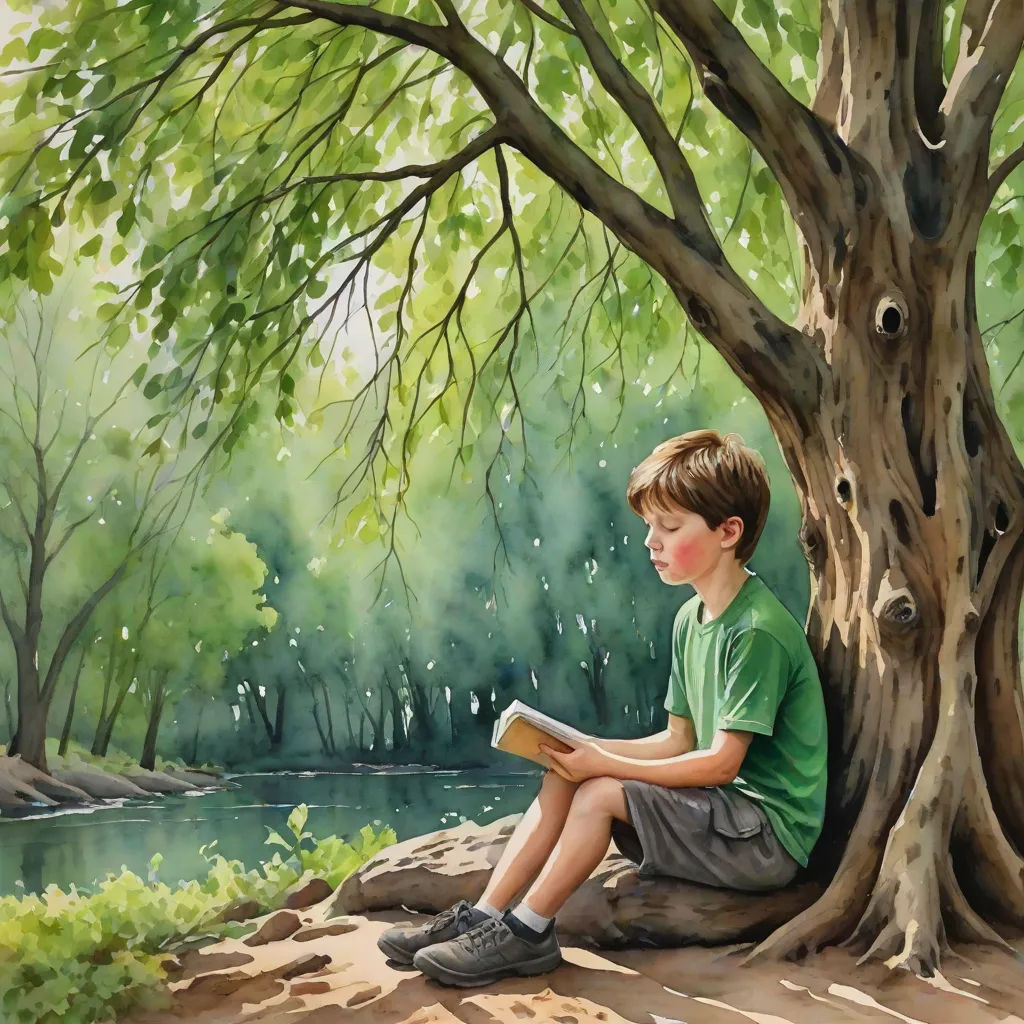 a painting of a boy sitting on a rock reading a book under a tree by a river with a river in the background, figurative art, a storybook illustration, Aaron Jasinski, storybook illustration