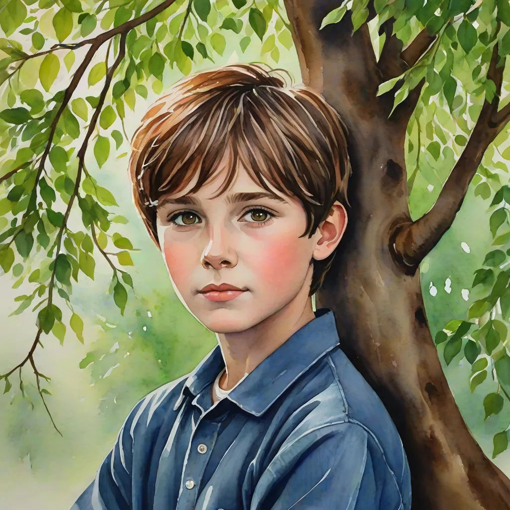 a painting of a boy leaning against a tree with a green background and a tree trunk in the foreground, figurative art, a photorealistic painting, Aaron Jasinski, photorealistic portrait