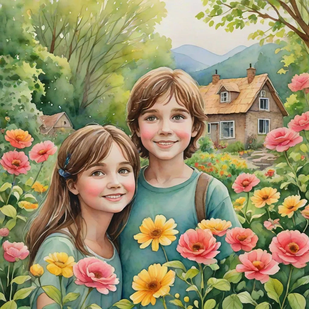 a painting of two children in a field of flowers with a house in the background and a tree in the foreground, naive art, a storybook illustration, Bob Byerley, highly detailed oil painting
