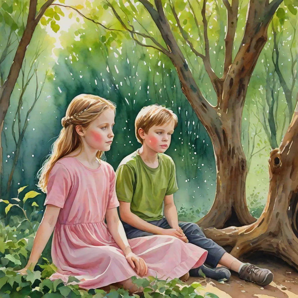 a painting of two children sitting in the woods together, one of them is looking at the other one, figurative art, a storybook illustration, Carol Sutton, storybook illustration