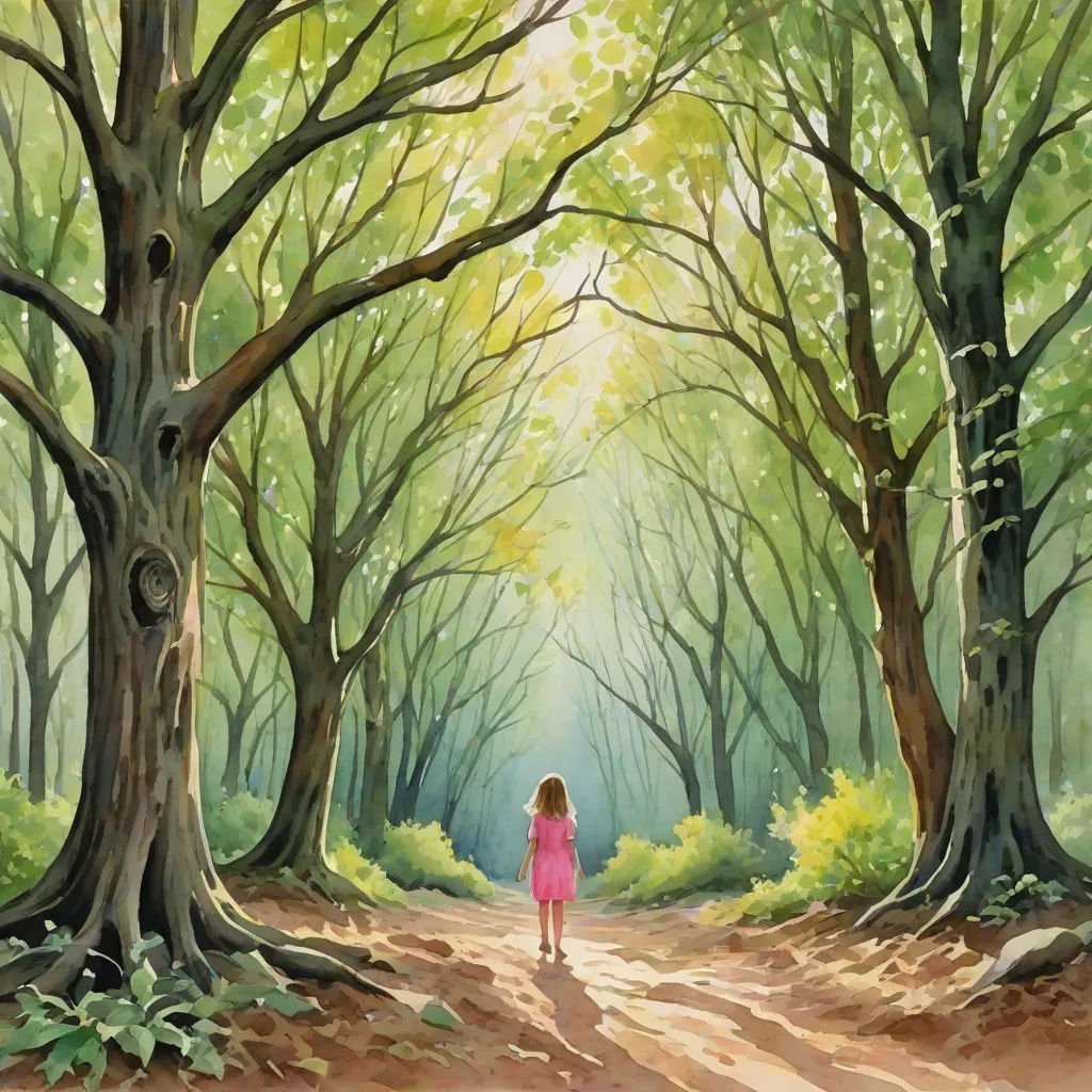 a painting of a girl walking down a dirt road in a forest with trees and leaves on both sides, fantasy art, a storybook illustration, Christophe Vacher, forest