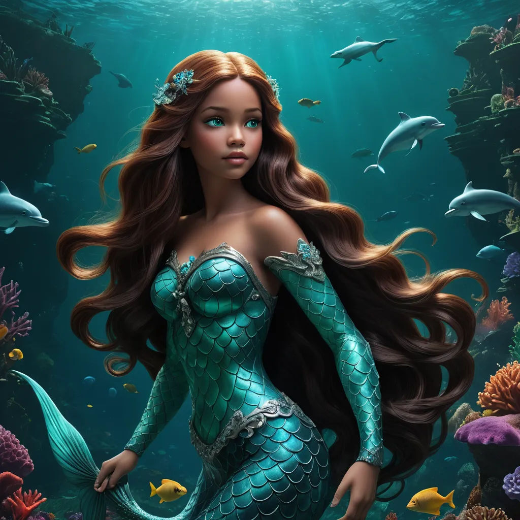 a beautiful mermaid with long hair standing in the ocean with fish around her neck and a crown on her head, fantasy art, a poster, Drew Struzan, highly detailed digital painting