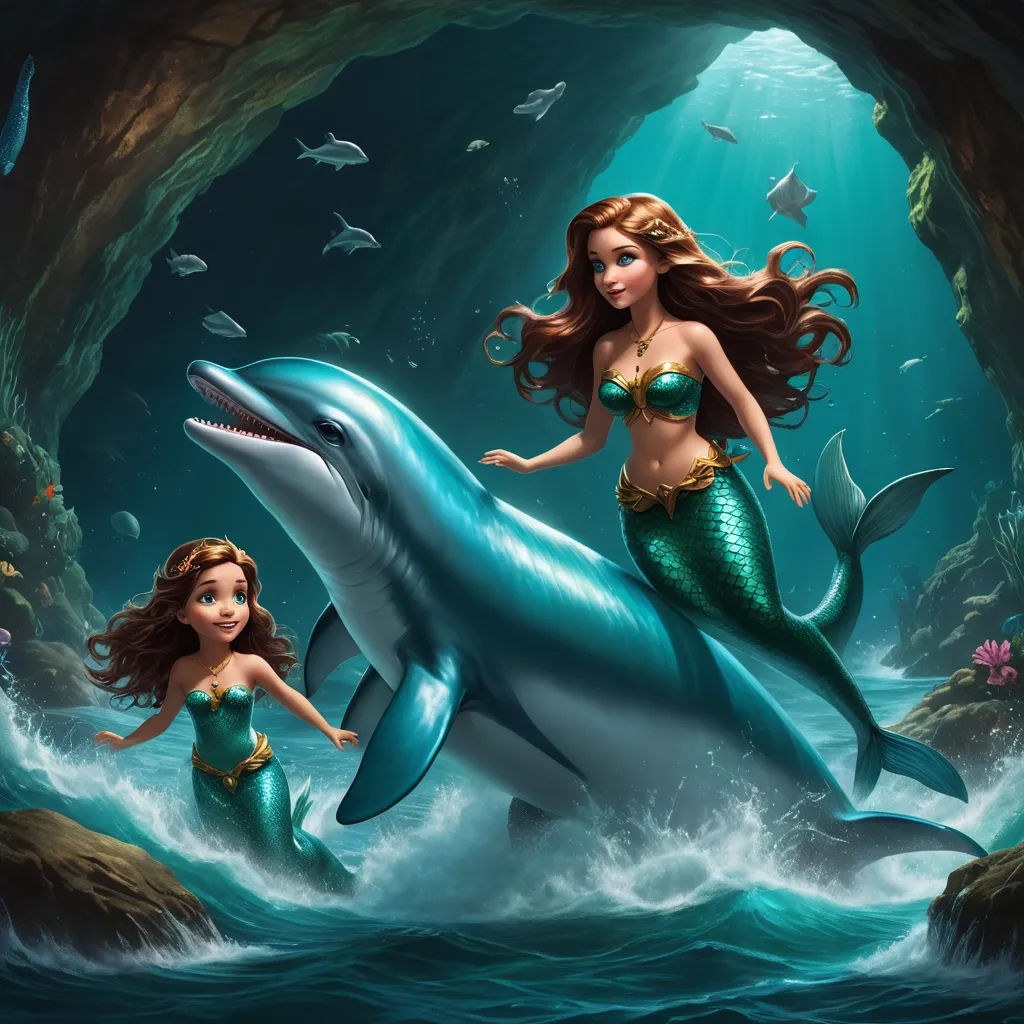 a mermaid riding a dolphin with a mermaid doll in her lap and a dolphin in the water behind her, pop surrealism, a storybook illustration, Daphne McClure, league of legends splash art