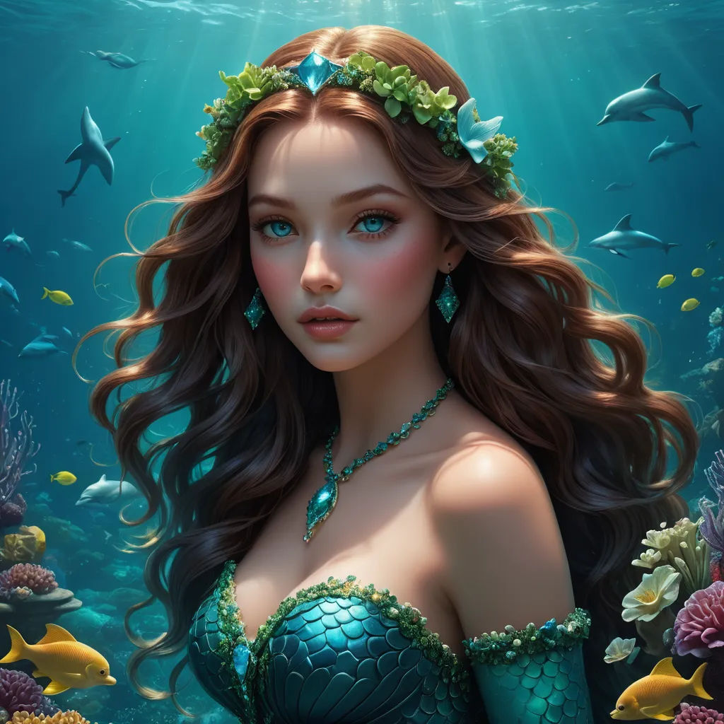 a beautiful young woman in a green dress under the water with dolphins and fish around her neck and head, fantasy art, a detailed painting, Anne Stokes, highly detailed digital painting