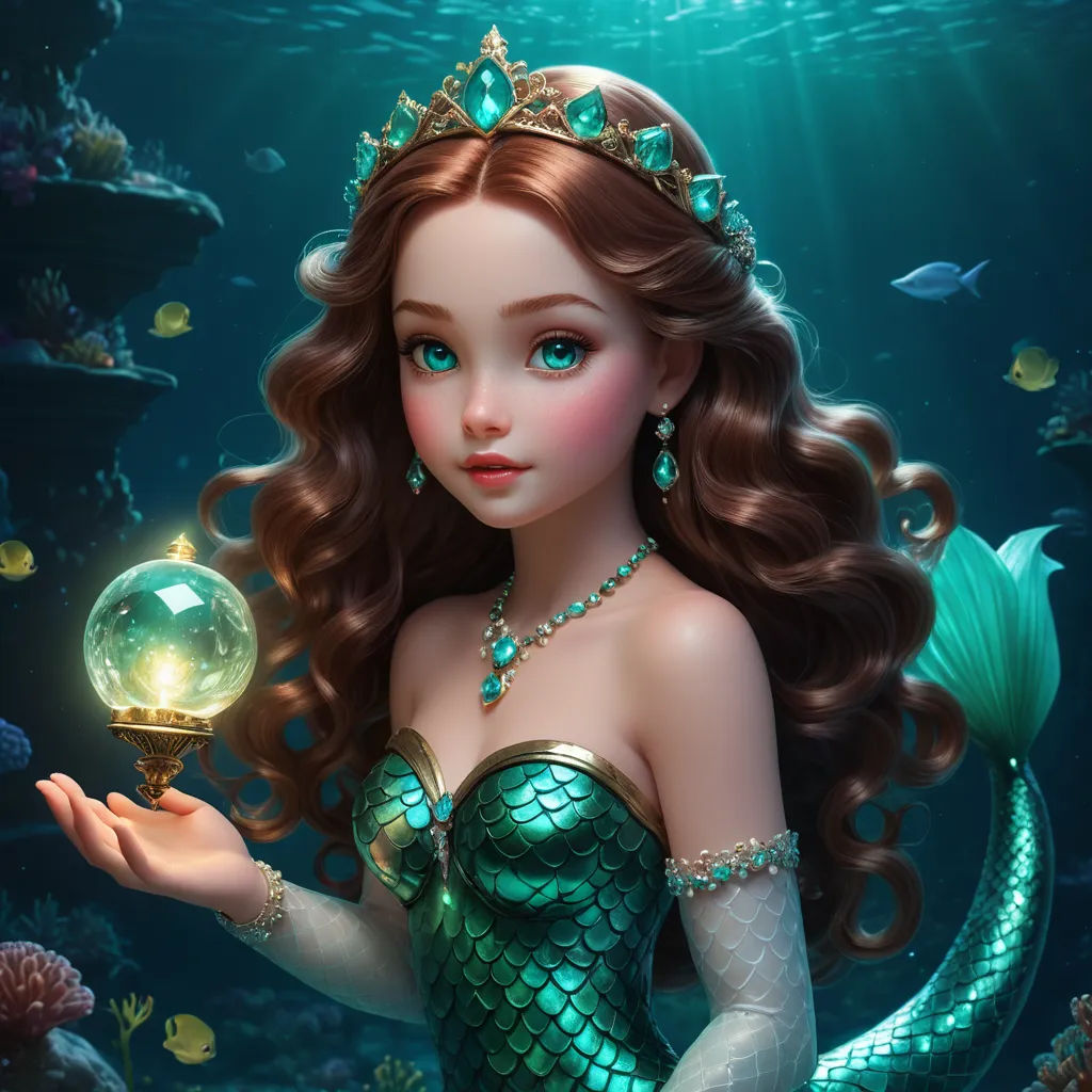 a beautiful mermaid holding a crystal ball in her hand and a fish in her hand in the water behind her, fantasy art, a storybook illustration, Anne Stokes, kinkade