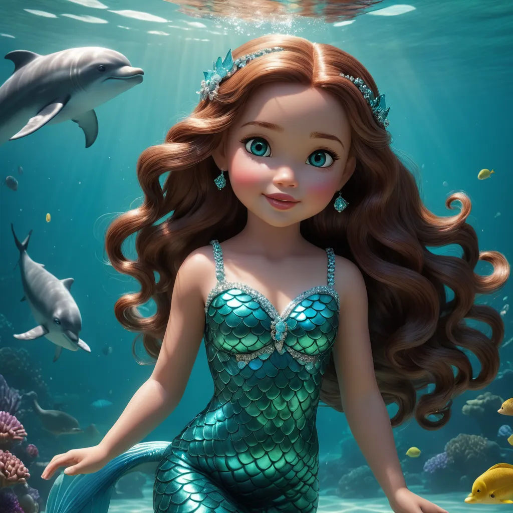 a mermaid with long hair and a tiara under water with dolphins and dolphins in the background, with a dolphin swimming by, fantasy art, a digital rendering, disney, rossdraws global illumination