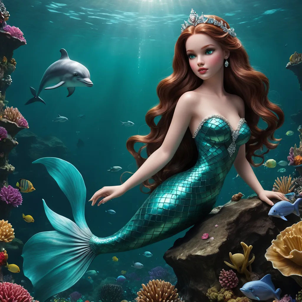 a mermaid with a tiara sitting on a rock in the ocean with dolphins and fish around her,, fantasy art, a digital rendering, Cliff Childs, highly detailed digital painting