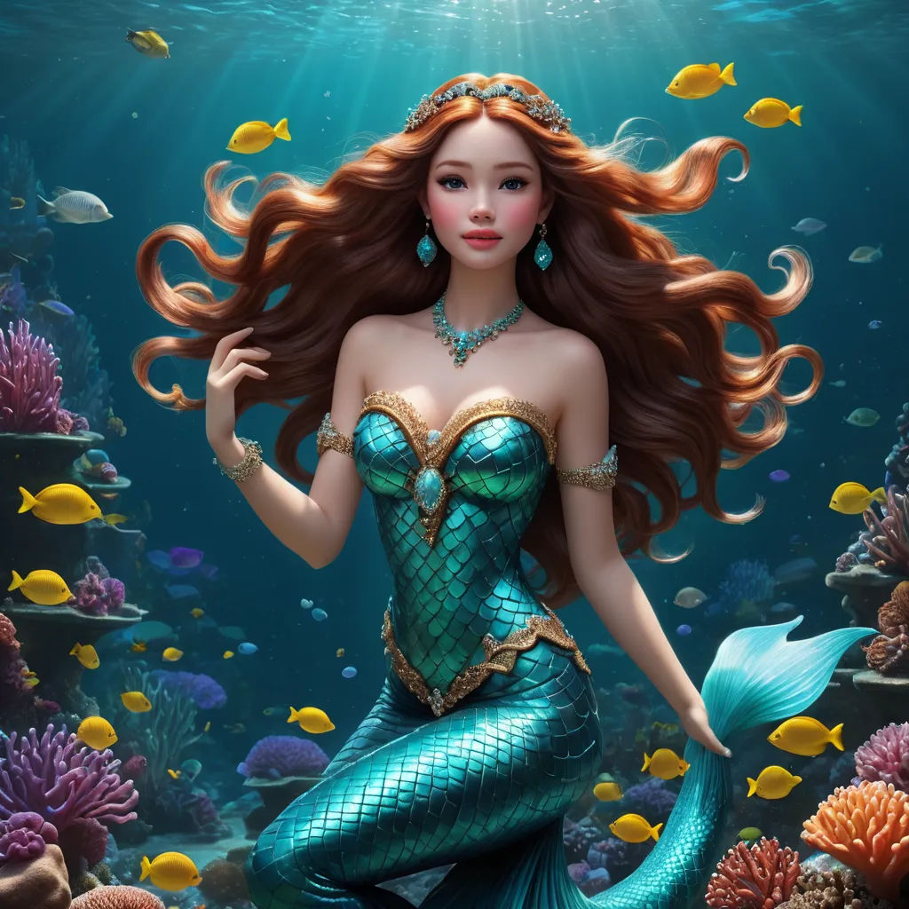 a beautiful mermaid with long hair and a tiara under water with fish and corals around her neck, fantasy art, a digital rendering, Anne Stokes, highly detailed digital painting
