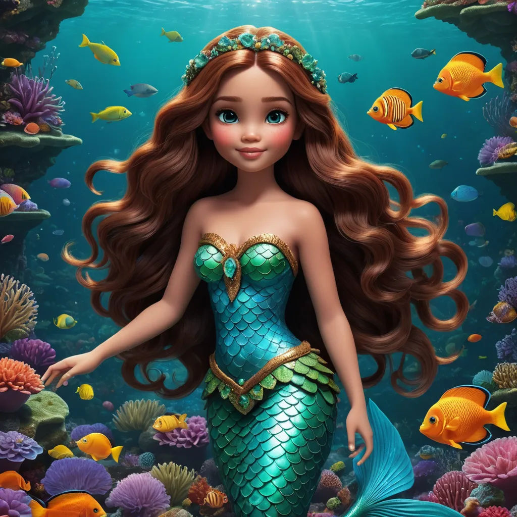 a mermaid with long hair standing in the water with fish around her neck and a crown on her head, fantasy art, a digital rendering, Altoon Sultan, highly detailed digital art