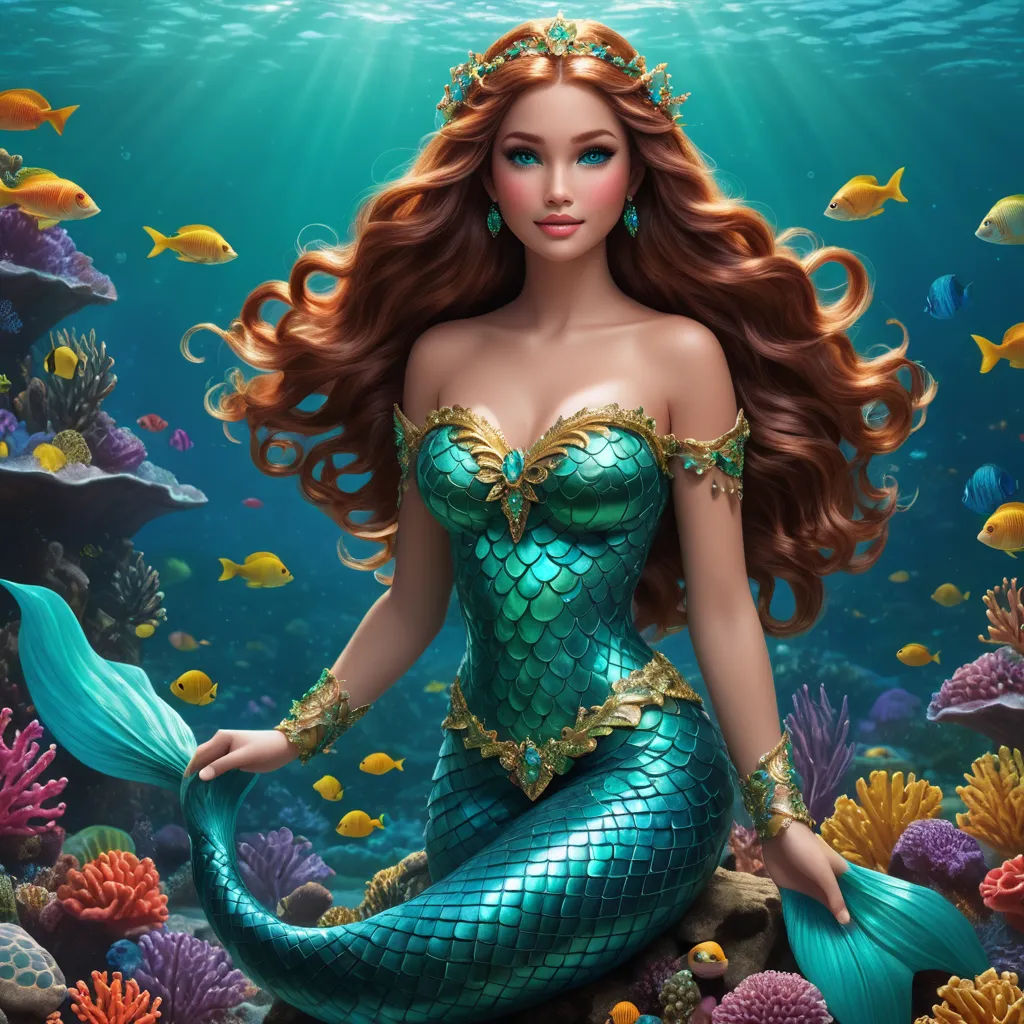a beautiful mermaid with long hair and a crown on her head sitting on a rock under the water with fish, fantasy art, a digital rendering, Anne Stokes, highly detailed digital painting