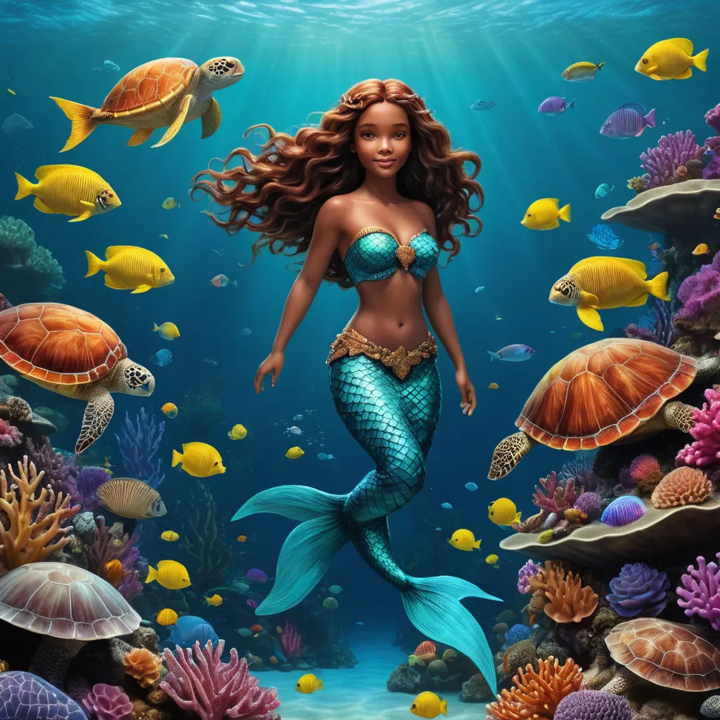 a beautiful mermaid with a fish and turtle swimming in the ocean with corals and fish around her, and a turtle swimming in the water, fantasy art, a digital rendering, Cliff Childs, highly detailed digital painting