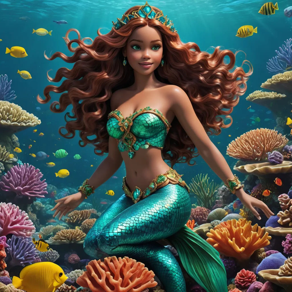 a beautiful mermaid with long hair and a crown on her head is sitting on a coral reef with fish, fantasy art, a digital rendering, disney, promotional image