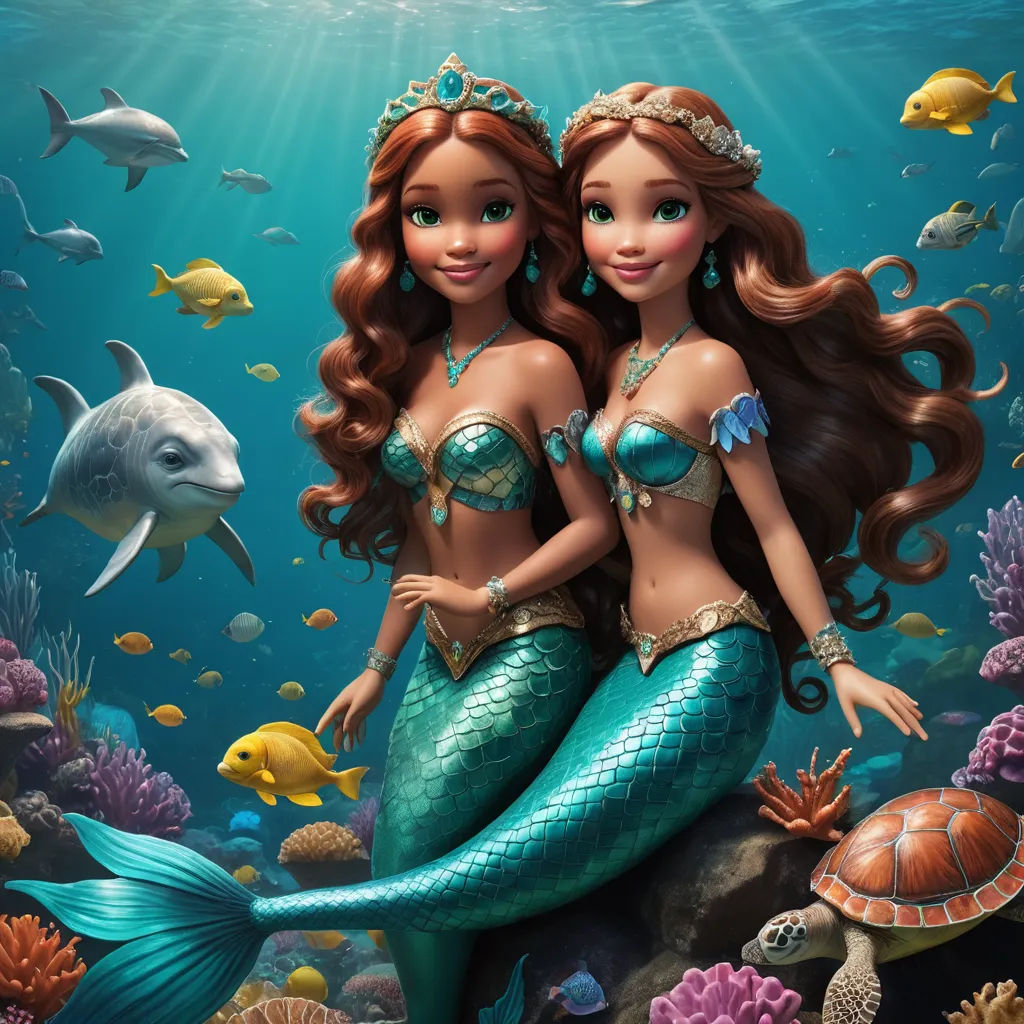 two mermaids are sitting on a rock under the water with fish and dolphins around them, and one is holding a fish, pop surrealism, a digital rendering, disney, promotional image