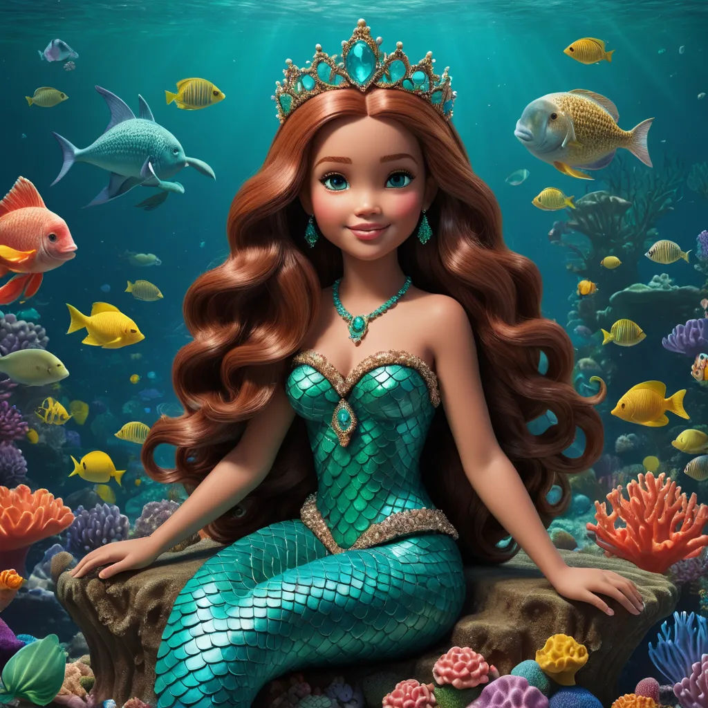 a mermaid sitting on a rock with a tiara on her head and fish around her neck, in a sea scene, pop surrealism, a digital rendering, Cliff Childs, promotional image
