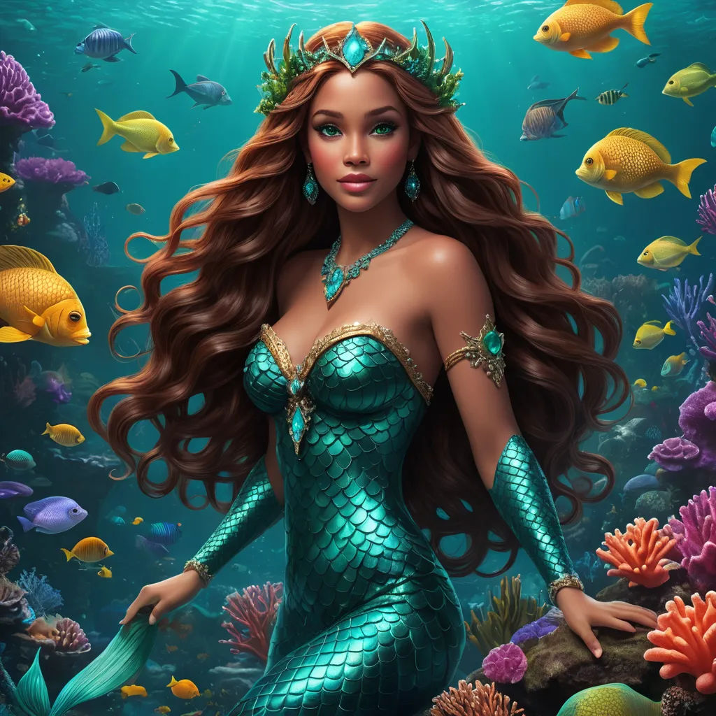 a beautiful mermaid with long hair and a crown on her head standing in the water surrounded by fish and corals, fantasy art, a digital rendering, Anne Stokes, highly detailed digital painting