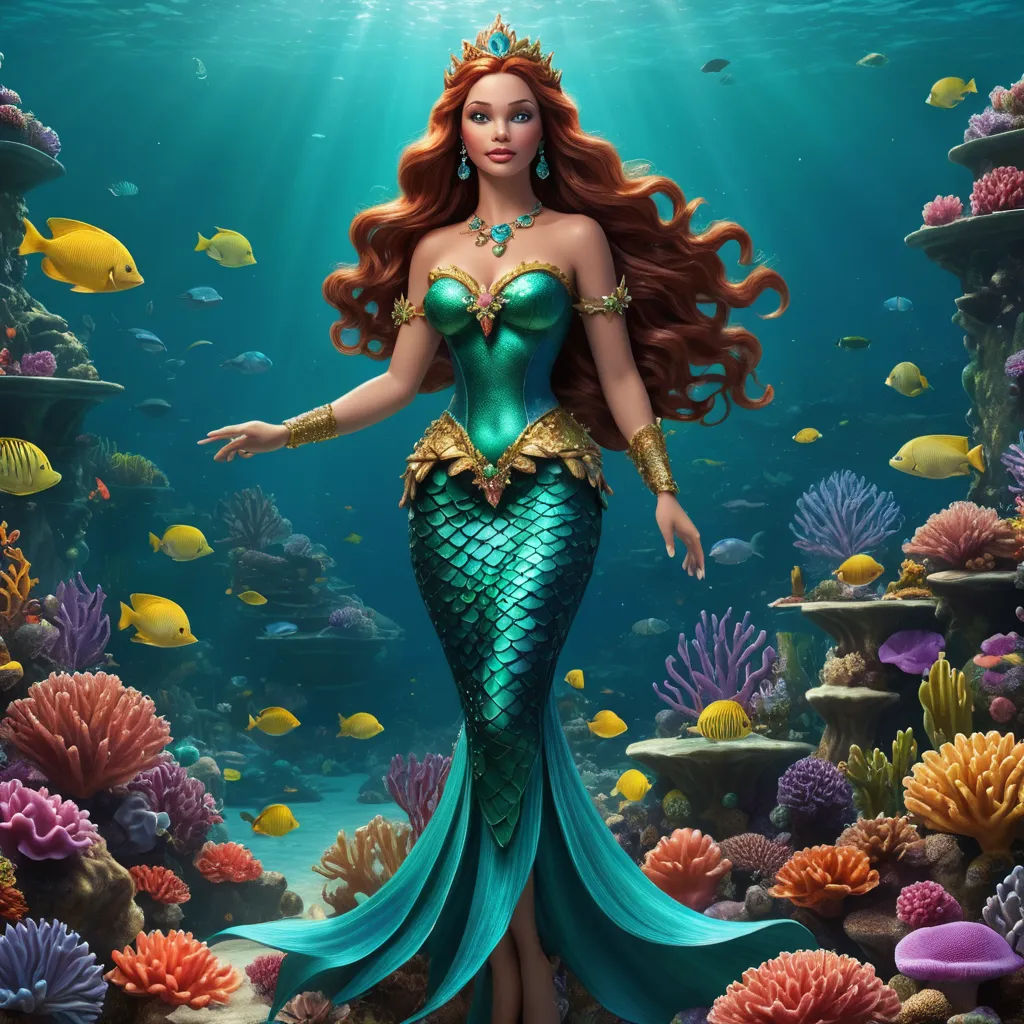 a mermaid with long hair standing in the ocean with fish and corals around her, and a gold crown on her head, fantasy art, a digital rendering, Anne Stokes, highly detailed digital painting