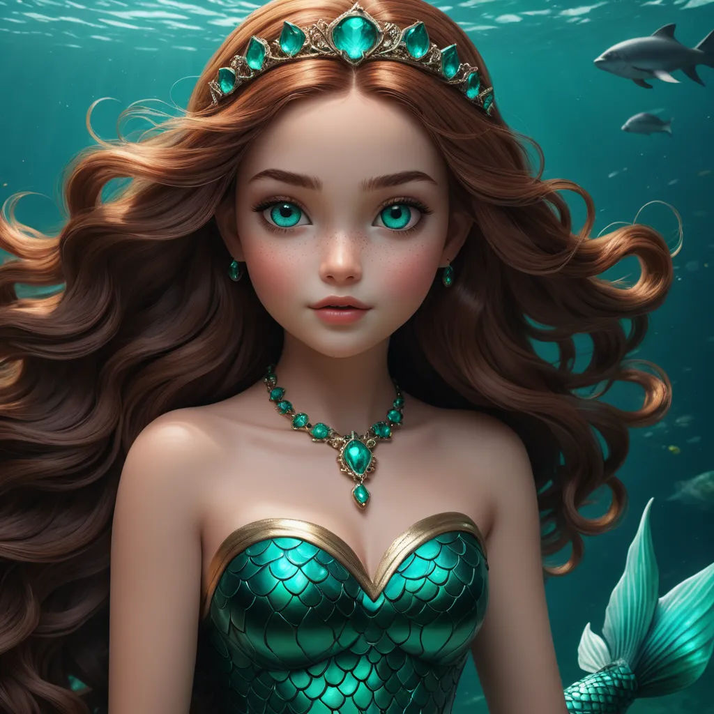 a beautiful young woman wearing a green dress and a tiara under water with fish around her neck and a fish tail, fantasy art, a 3D render, Artgerm, rossdraws global illumination