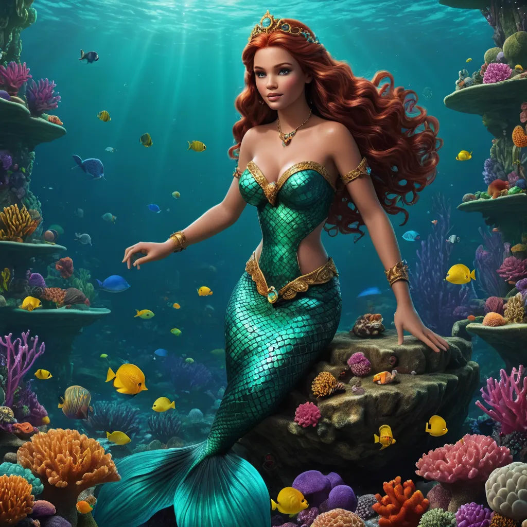 a mermaid with a crown on her head is sitting on a rock in the ocean with fish and corals, fantasy art, a digital rendering, Anne Stokes, highly detailed digital painting