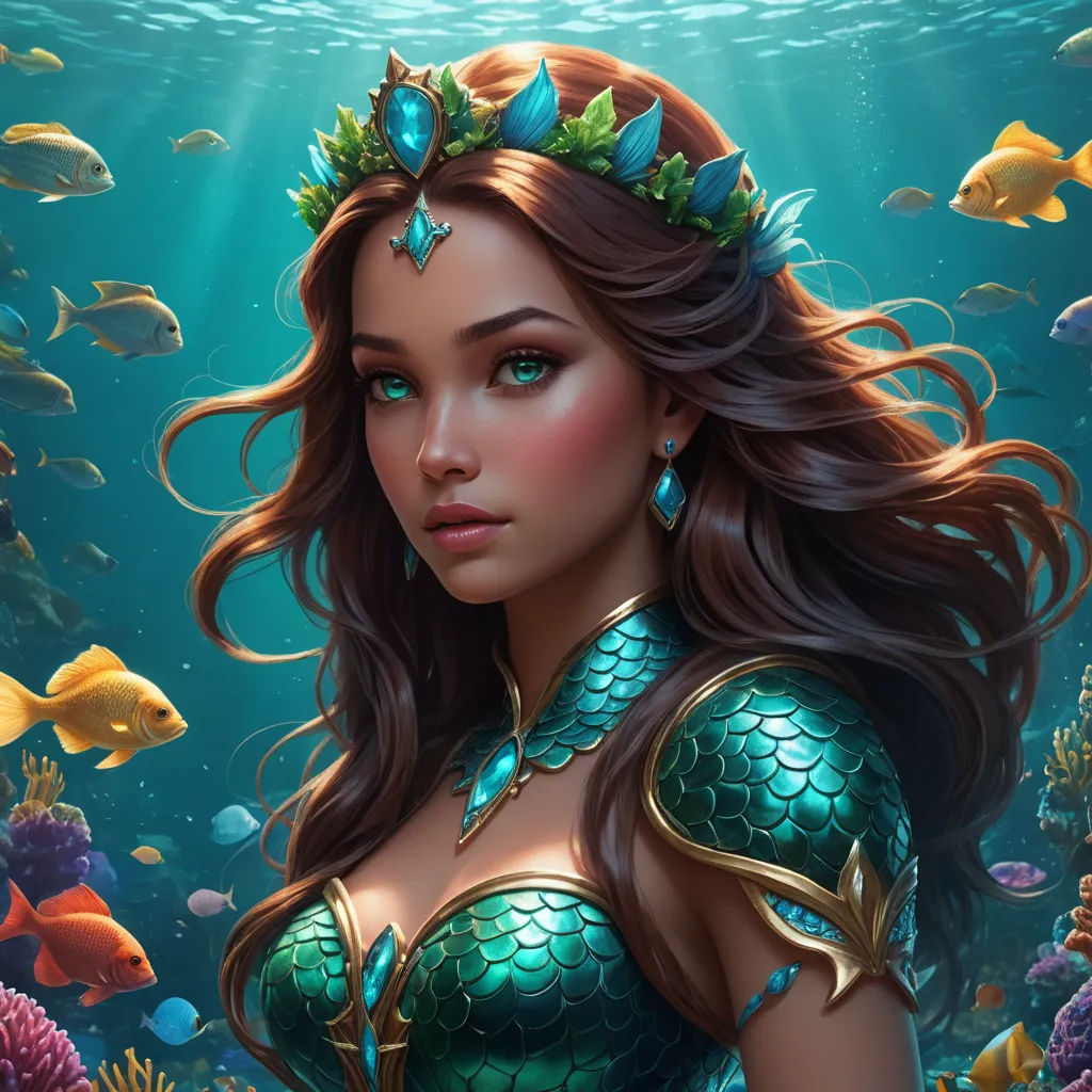 a beautiful woman in a green dress under water with fish around her neck and a crown on her head, fantasy art, a digital painting, Anne Stokes, highly detailed digital painting