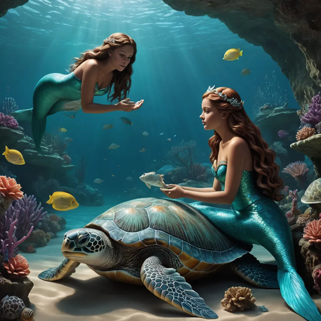a mermaid and a turtle in a underwater cave with corals and fish around them, and a man in a blue shirt and a white shirt, fantasy art, a storybook illustration, Cyril Rolando, highly detailed digital painting