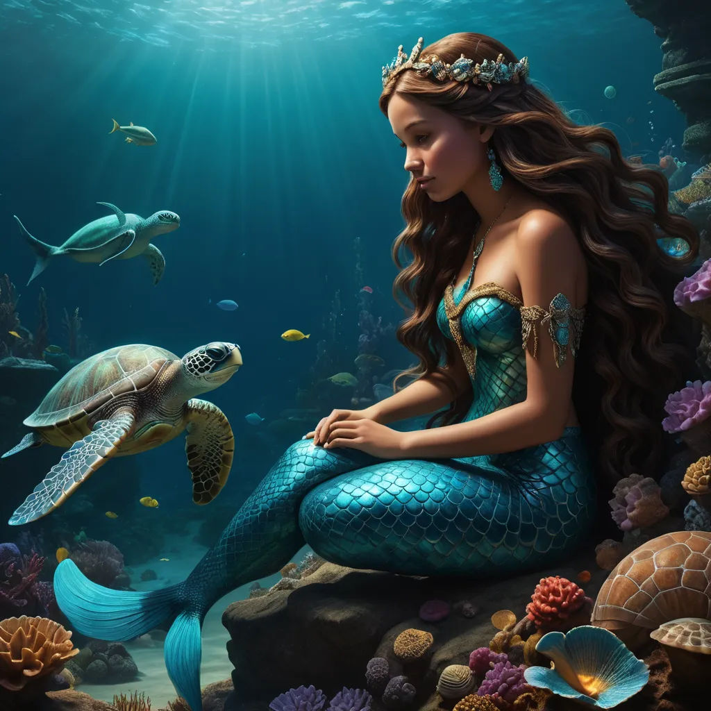 a mermaid sitting on a rock with a turtle in the ocean behind her and a turtle swimming in the water, fantasy art, a storybook illustration, Anne Stokes, highly detailed digital painting