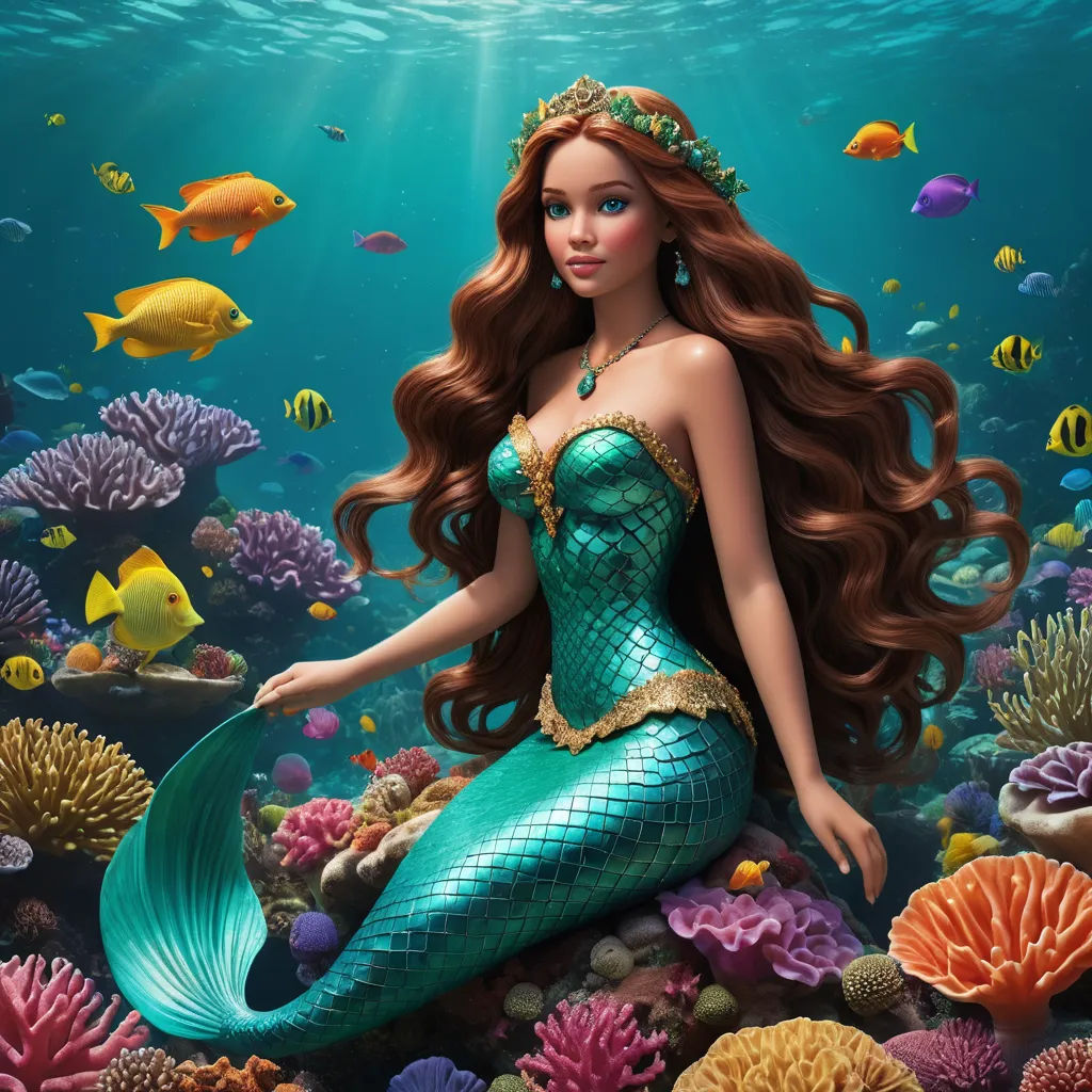 a beautiful mermaid sitting on top of a coral reef with fish around her neck and a crown on her head, fantasy art, a digital rendering, Anne Stokes, highly detailed digital painting