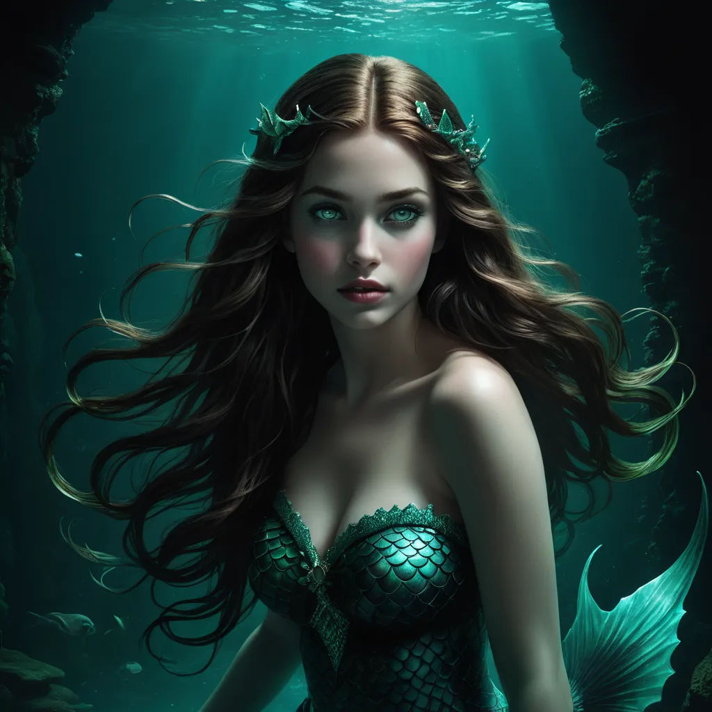 a beautiful woman in a green dress under water with a fish in her hand and a crown on her head, gothic art, a digital painting, Anne Stokes, highly detailed digital painting